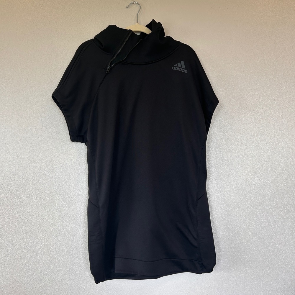 Adidas Title IX Asymmetrical Zip Short Sleeve Hoodie Black Womens LT Longline